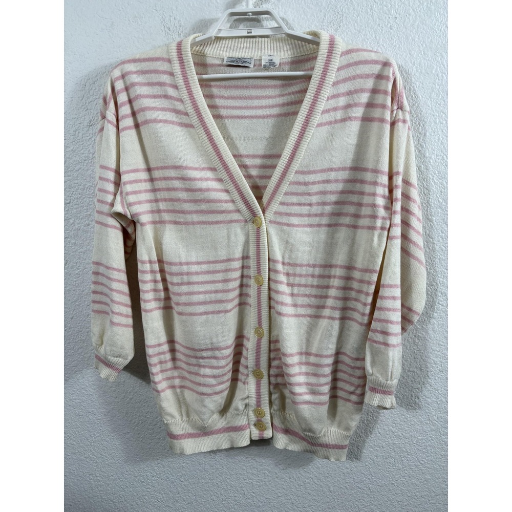 Andrew St John Cardigan Sweater Womens Large White Pink Stripe Button Front Knit